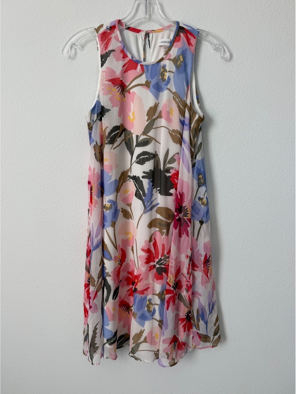 Calvin Klein Sleeveless Scoop Neck Chiffon Floral A-Line Trapeze Dress Size 4